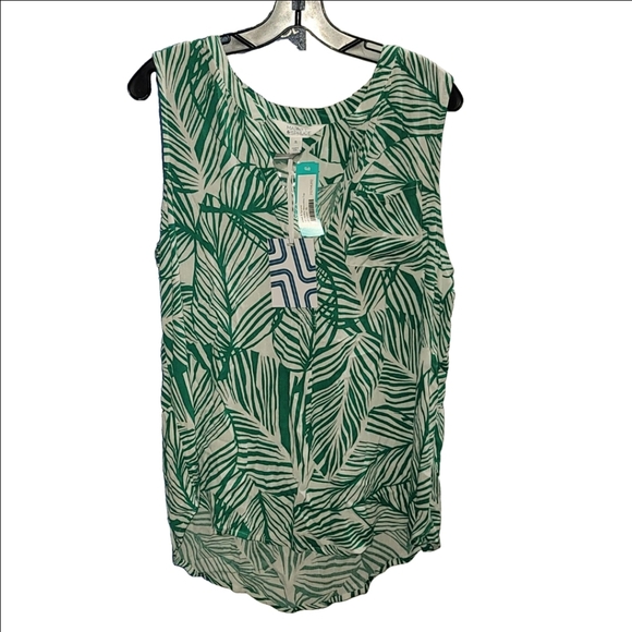 Market & Spruce Prat Teal Green Leaf Print Sleeveless Henley Top - Picture 2 of 8